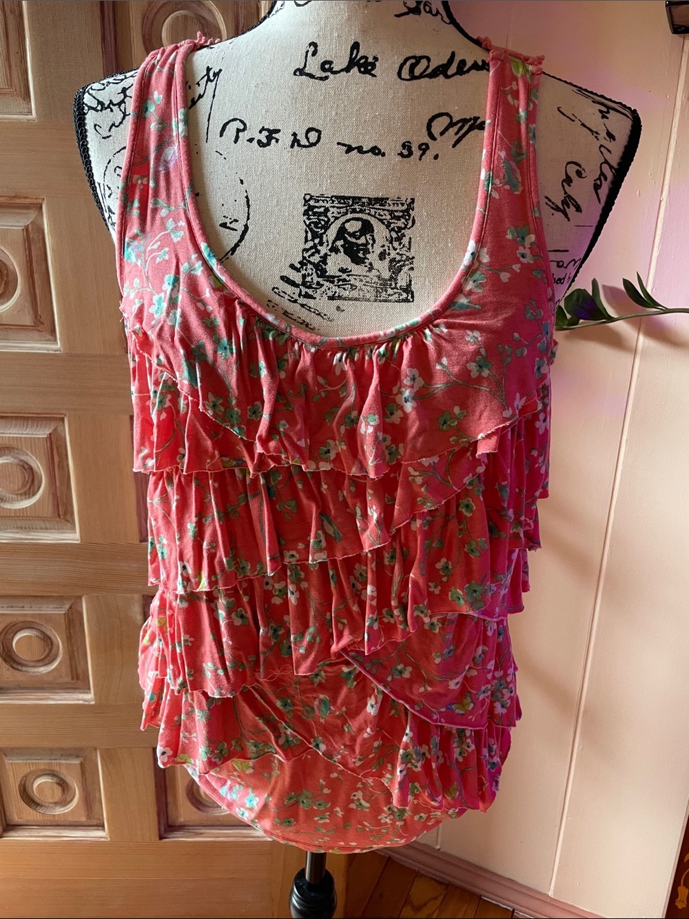 LC Lauren Conrad Coral Pink Floral Ruffle Tank Top